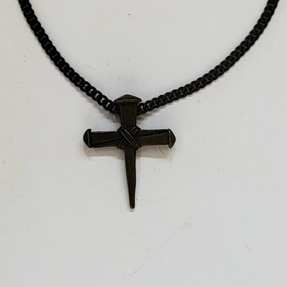 Bronze Tone Nail Cross Pendant Necklace Rustic Christian Faith Religious Jewelry - Picture 4 of 10